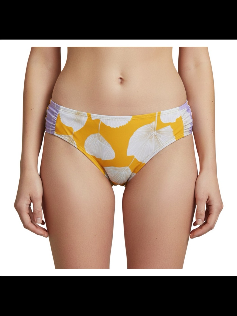 Palmacea Colibria Yellow Floral Bikini Ruched Bottom Lavender Side Accents XS